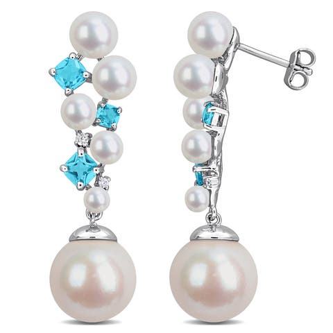 Pearl, Topaz & Diamond Cluster Drop Earrings
