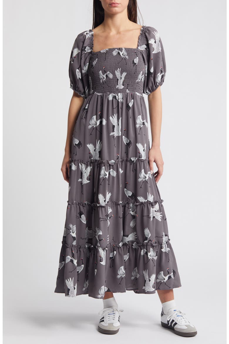 Crane Print Smocked Dress, Main, color, GREY CRANE
