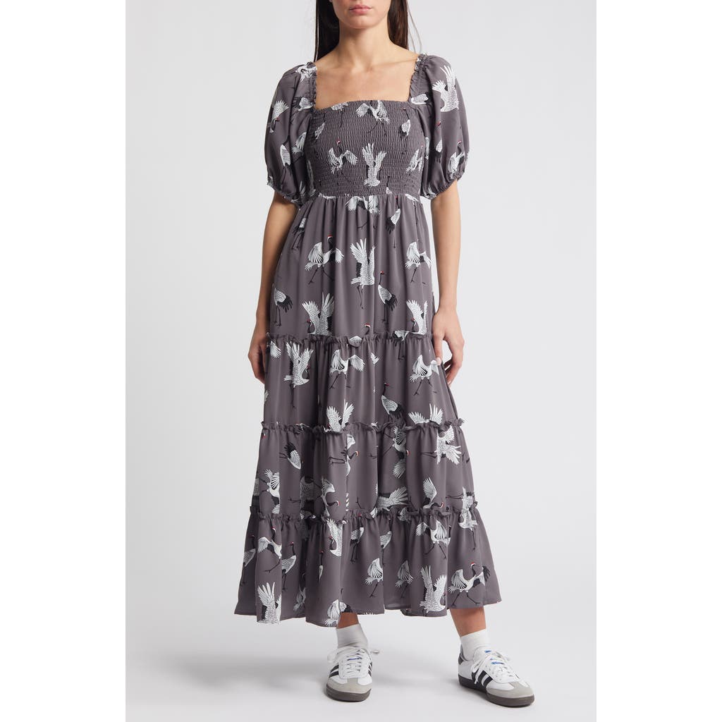 Dressed in Lala Crane Print Smocked Dress in Grey Crane  product