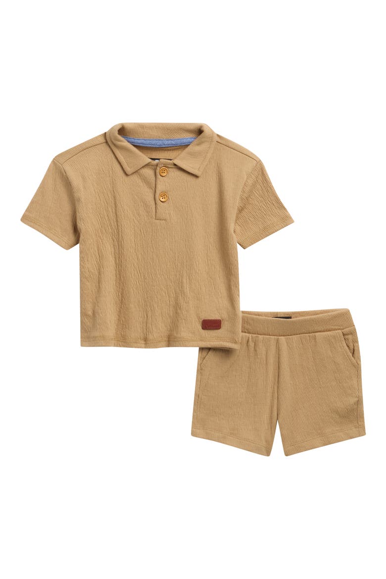 Crinkle Cotton Blend Polo & Shorts Set, Main, color, KHAKI