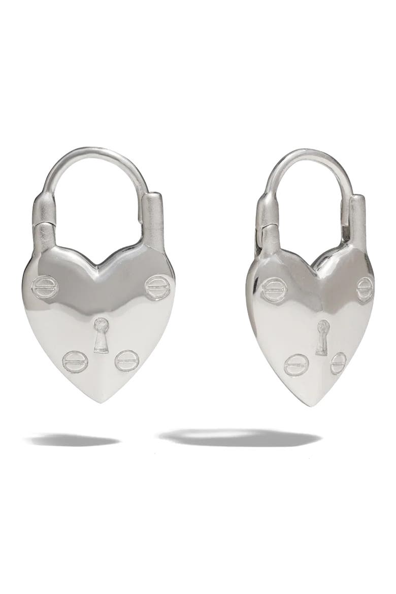 Padlock Heart Huggie Earrings, Main, color, 925 STERLING SILVER