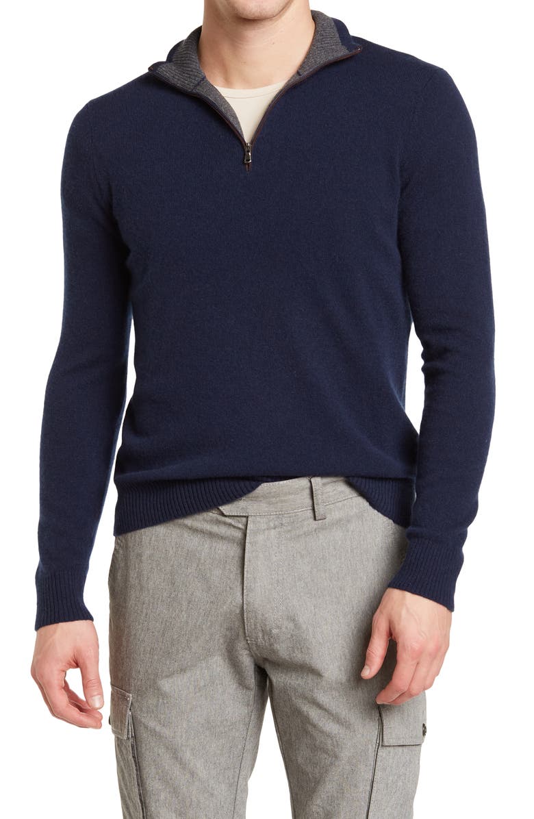 Amicale Cashmere Quarter Zip Pullover w/ Piping, Main, color, Nvy