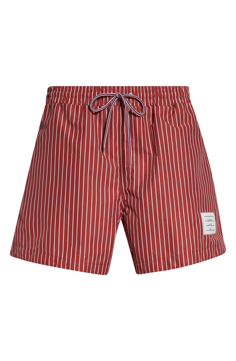 Thom Browne Stripe Nylon Swim Trunks, Alternate, color, Burgundy