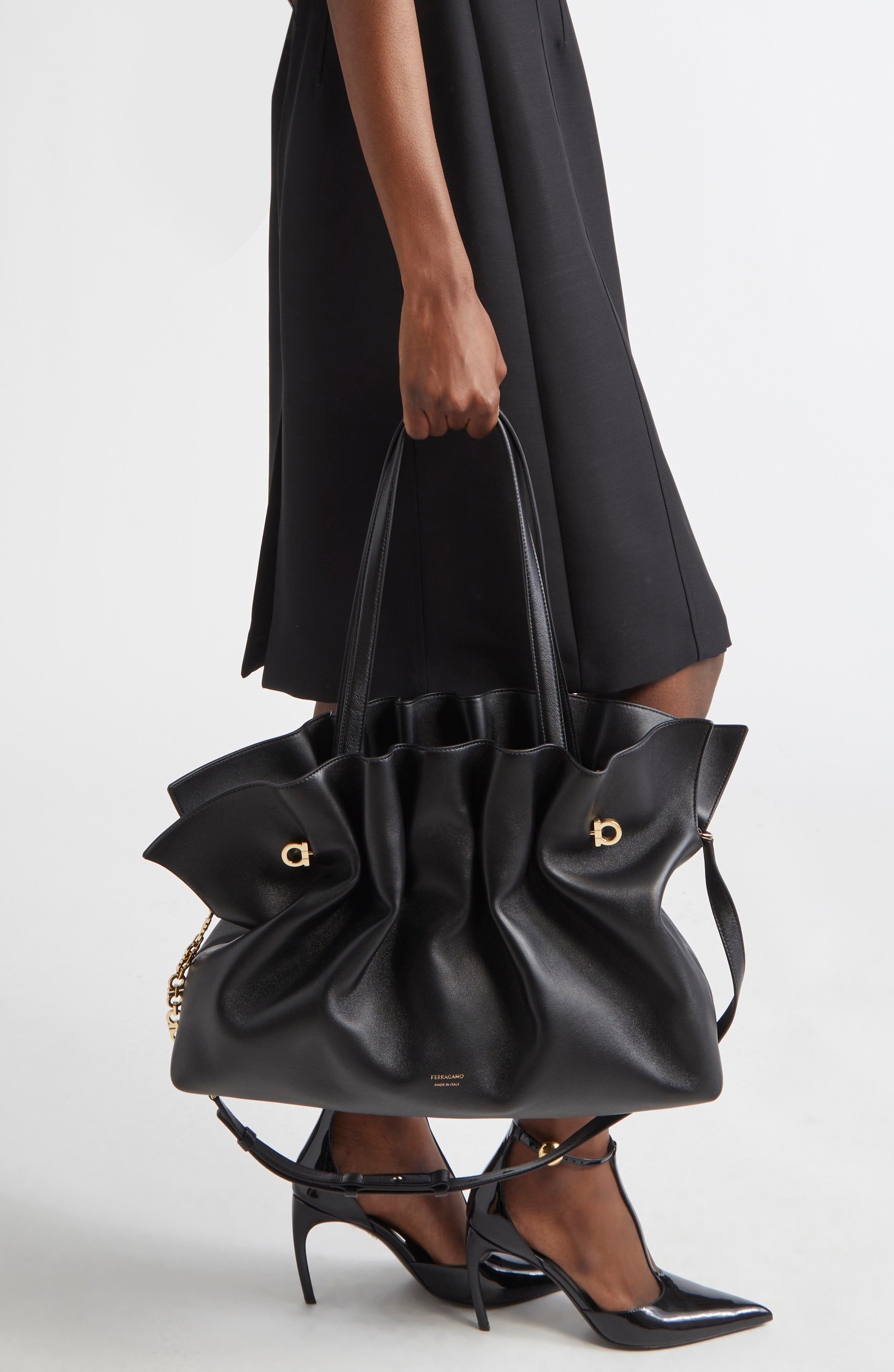 FERRAGAMO Gancio Piercing Soft Leather Shoulder Bag, Alternate, color, Nero