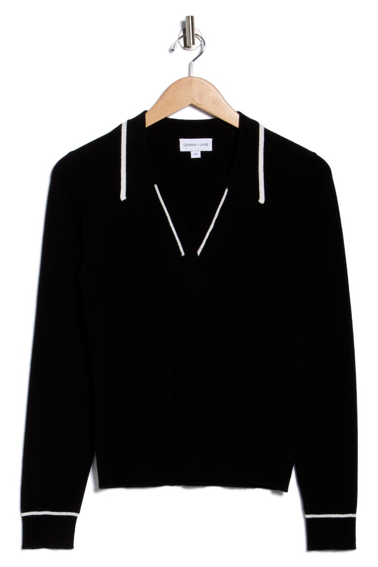Tipped Johnny Collar Polo Sweater, Alternate, color, BLACK