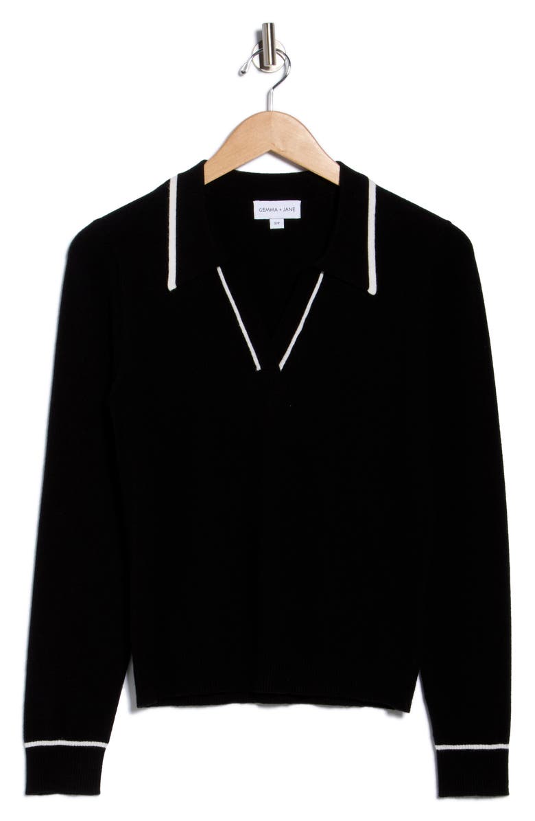 Gemma + Jane Tipped Johnny Collar Polo Sweater, Alternate, color, Black