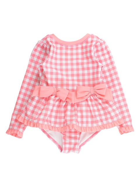 UPF50+ Long Sleeve One Piece Bow Peplum Rash Guard Swimsuit