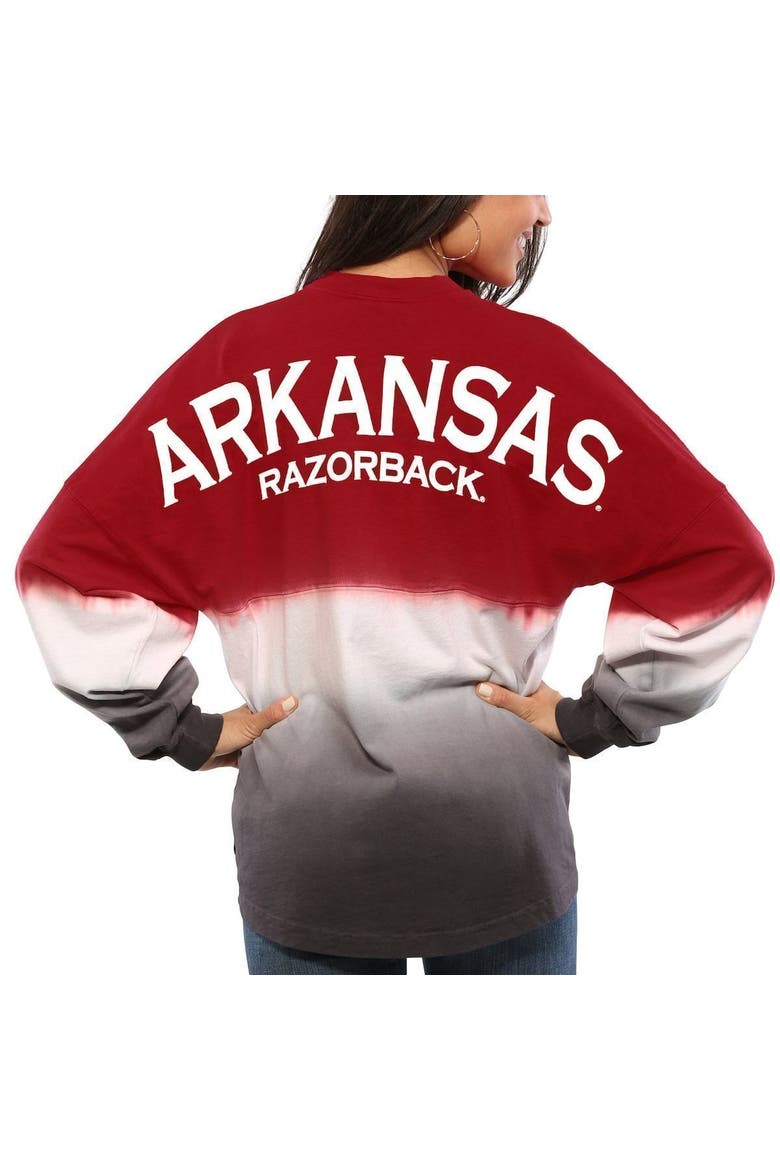 Women's Cardinal Arkansas Razorbacks Ombre Long Sleeve Dip-Dyed Spirit Jersey, Main, color, CARDINAL
