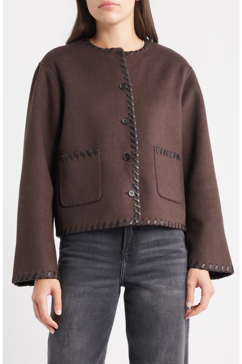 Melanie Leather Whipstitch Wool Blend Jacket, Alternate, color, DARK BROWN