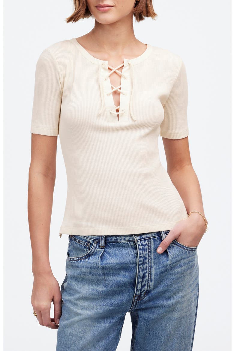 Rib Lace-Up Short-Sleeve T-Shirt, Main, color, VINTAGE IVORY