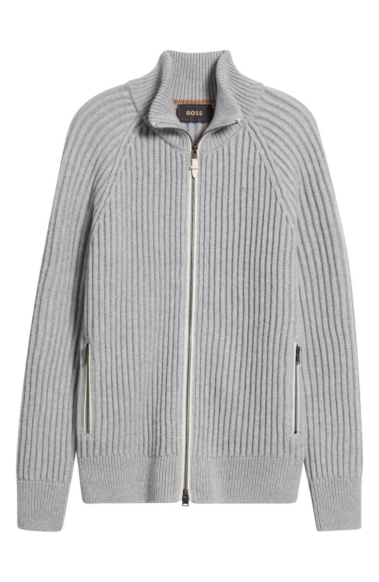 BOSS Camel Erbo Virgin Wool & Cashmere Rib Zip Cardigan, Alternate, color, Open Grey