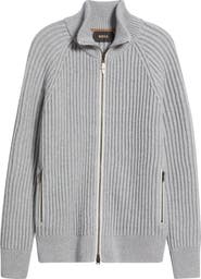 BOSS Camel Erbo Virgin Wool & Cashmere Rib Zip Cardigan