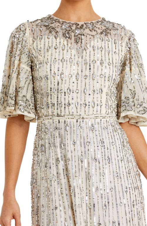 Mac Duggal Sequin Flounce Sleeve Midi Dress In Nude Silver In Neutral