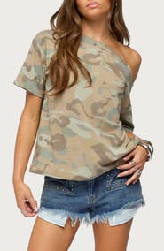 EDIKTED Miltah Camo Off-the-Shoulder Top