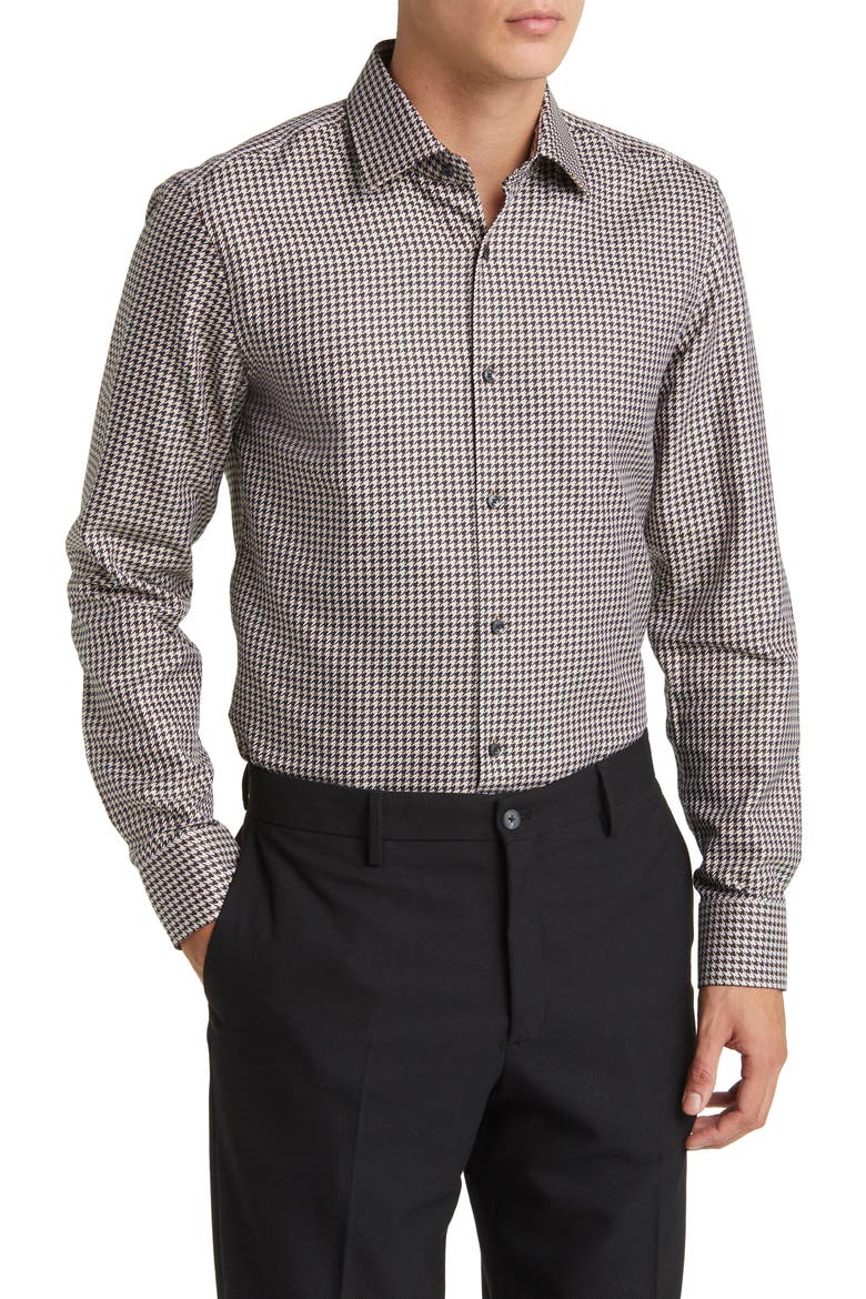 Hank Slim Fit Houndstooth Dress Shirt, Main, color, MED BEIGE/ BLACK