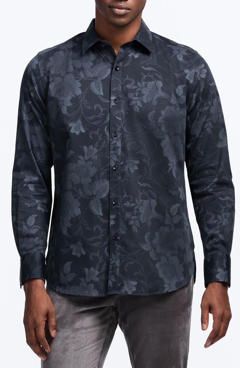 Robert Graham Barnsworth Floral Cotton Button-Up Shirt, Main, color, Black