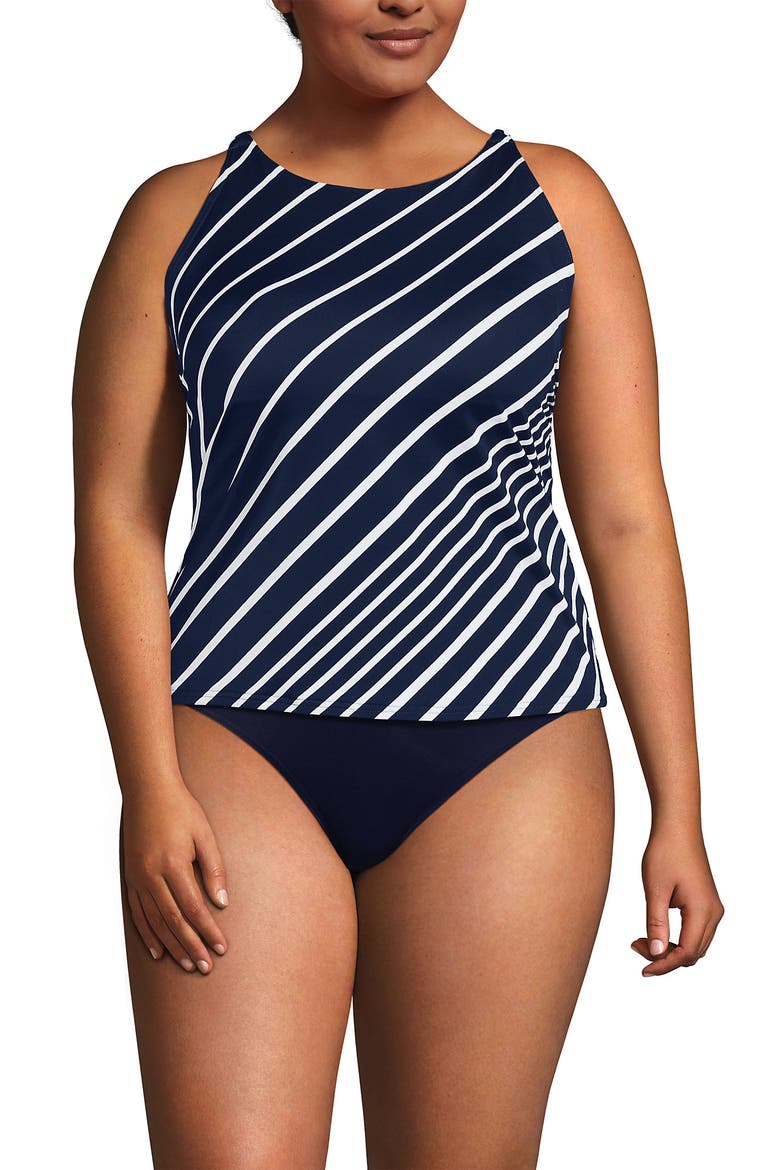 Plus Size Tugless High Neck Strappy Back Tankini Swimsuit Top, Main, color, Navy/White Variegated Stripe
