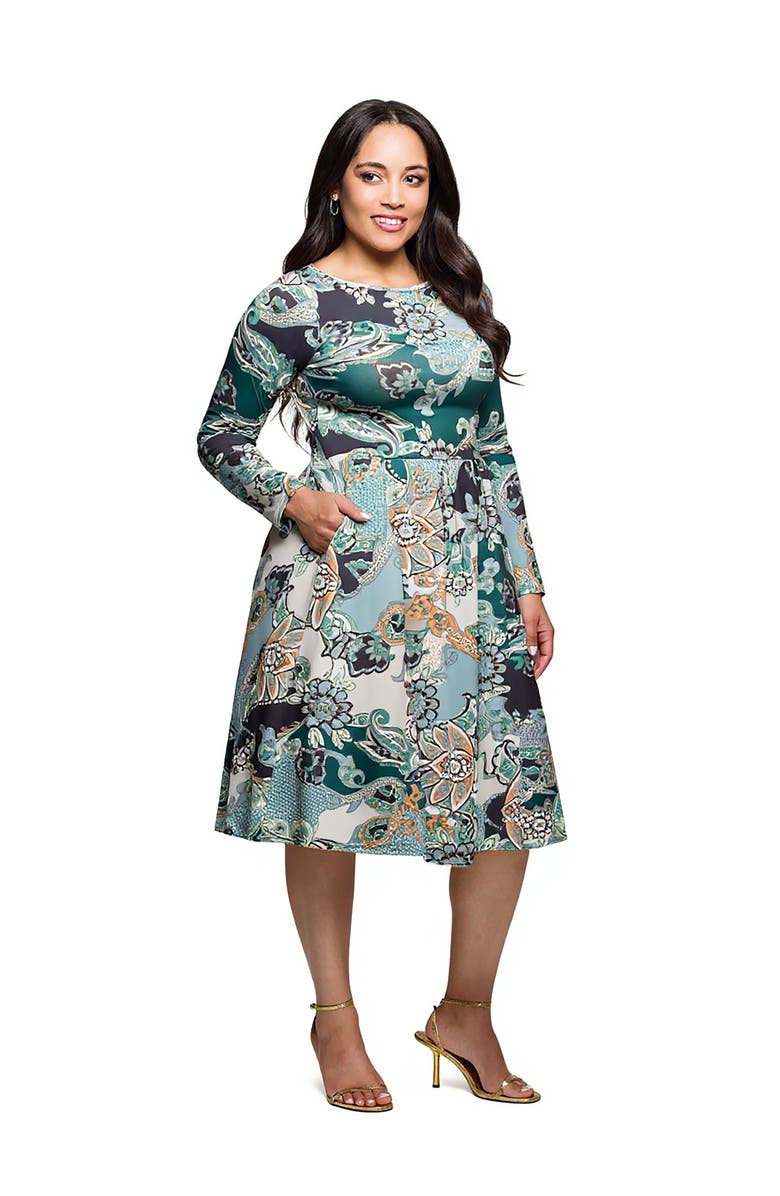 24seven Comfort Apparel Long Sleeve Midi Dress in Paisley Floral Print, Alternate, color, 
