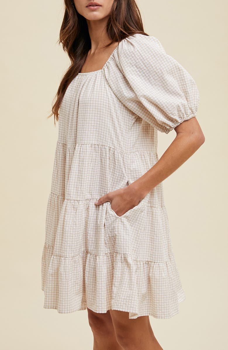 WISHLIST Plaid Puff Sleeve Cotton Blend Tiered Minidress, Alternate, color, Cream/ Taupe