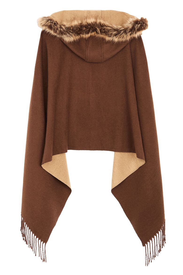 Faux Fur Trim Hooded Scarf, Alternate, color, BROWN