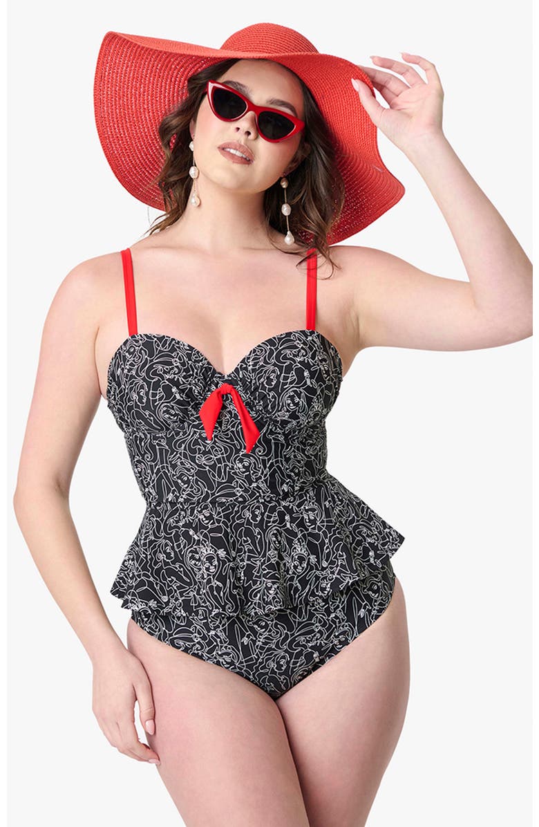 Unique Vintage Peplum Solana Tankini Swim Top, Main, color, Black Princess Print