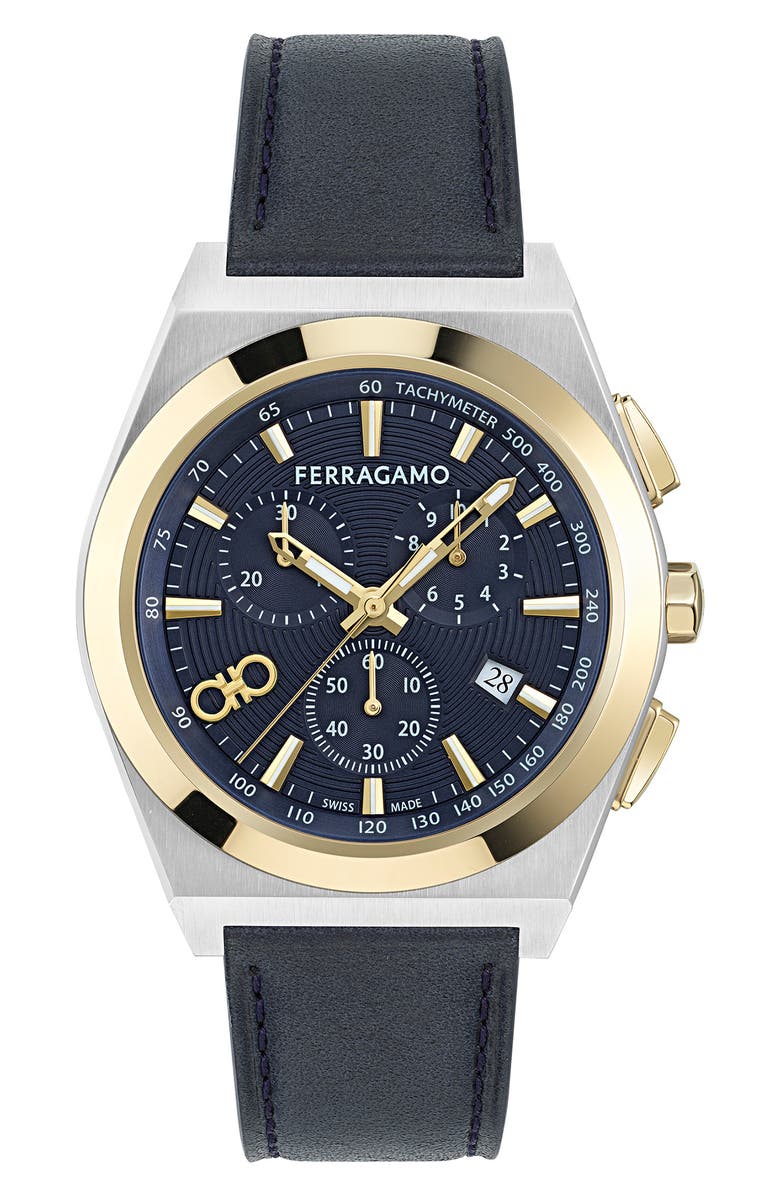 FERRAGAMO Vega Upper East Chronograph Leather Strap Watch, 42mm, Main, color,