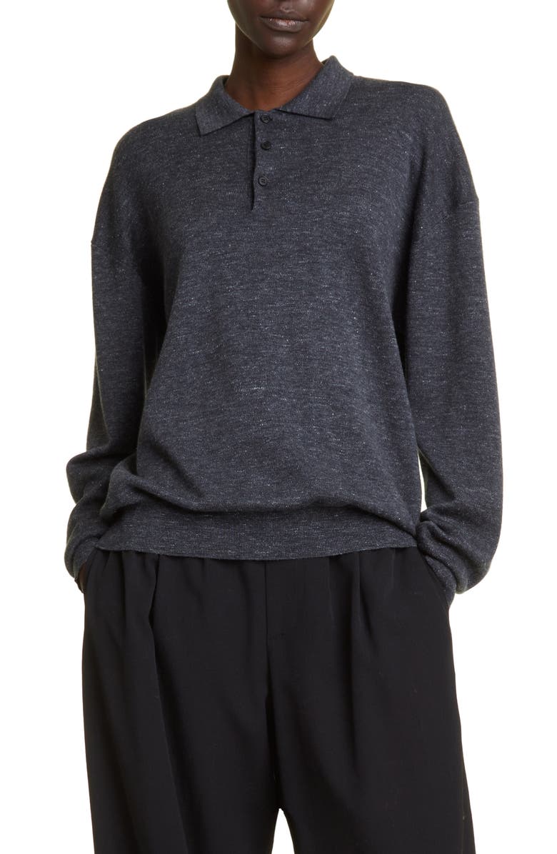 The Row Deja Mélange Cashmere, Silk & Hemp Blend Polo Sweater, Main, color, 