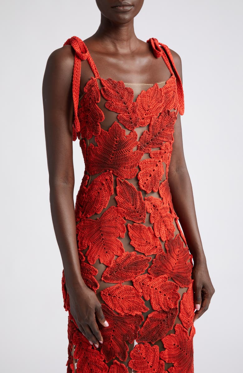 Oscar de la Renta Leaf Appliqué Shoulder Tie Crochet & Tulle Dress, Alternate, color, 