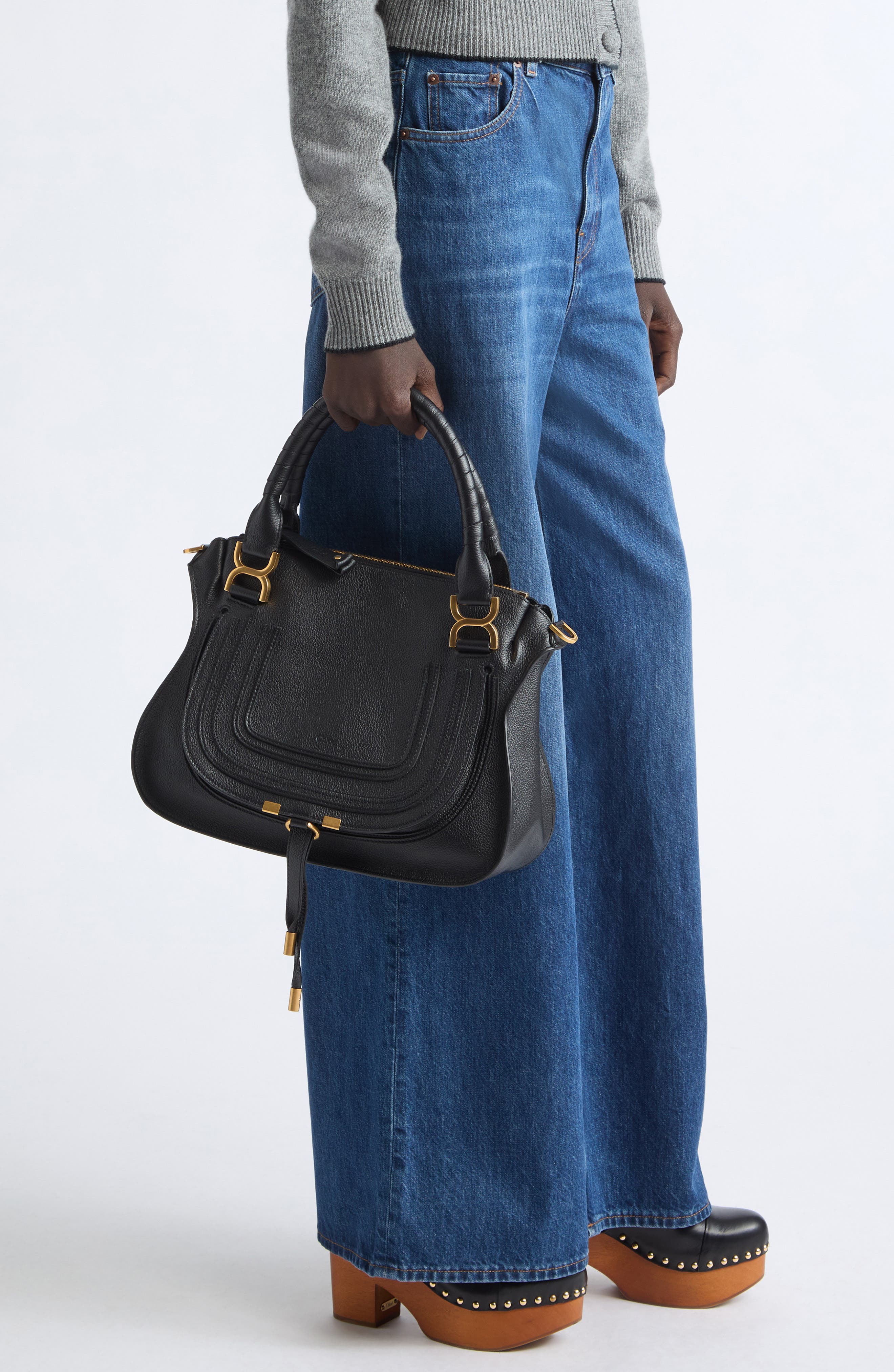 Medium Marcie Leather Satchel, Alternate, color, BLACK