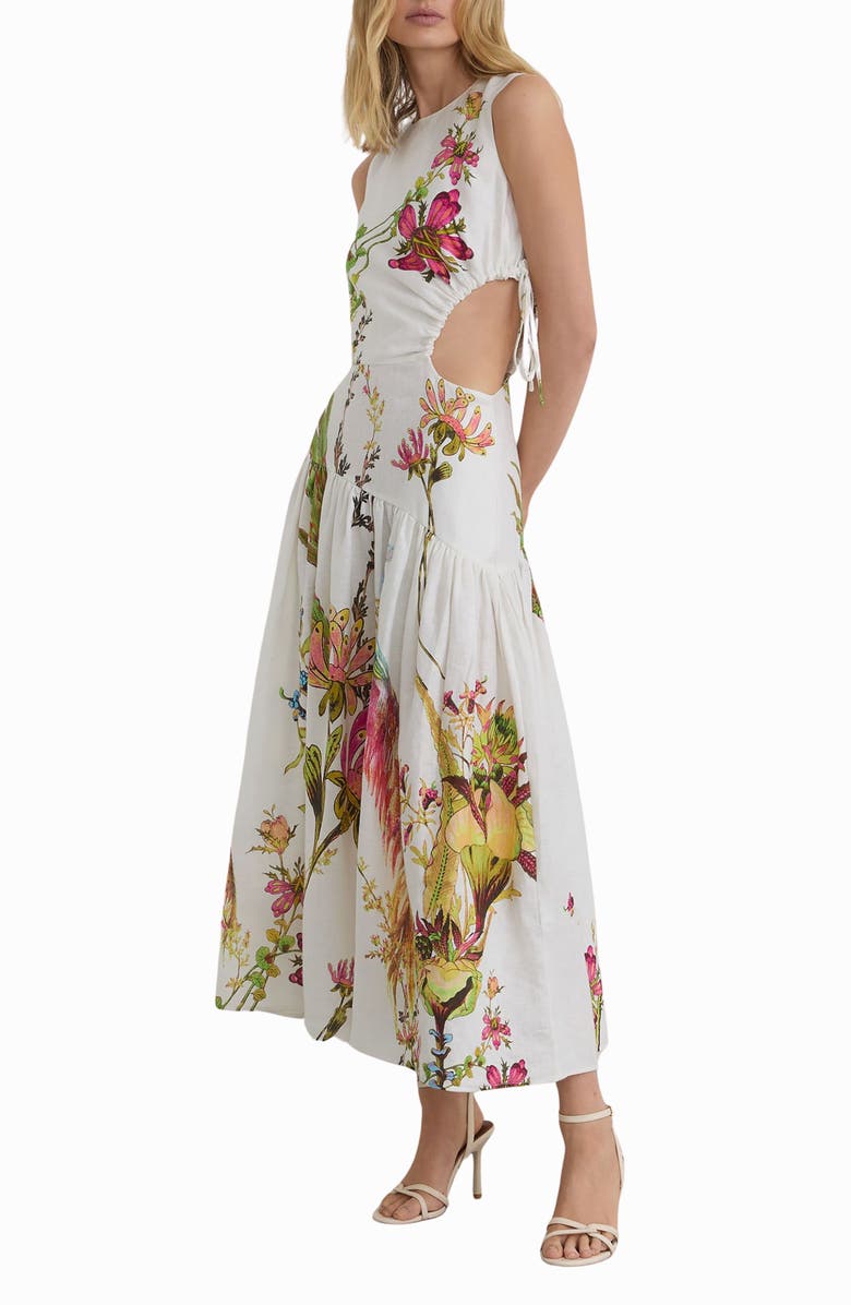 Reiss Bianca Floral Side Cutout Drop Waist Midi Dress, Alternate, color, Ivory