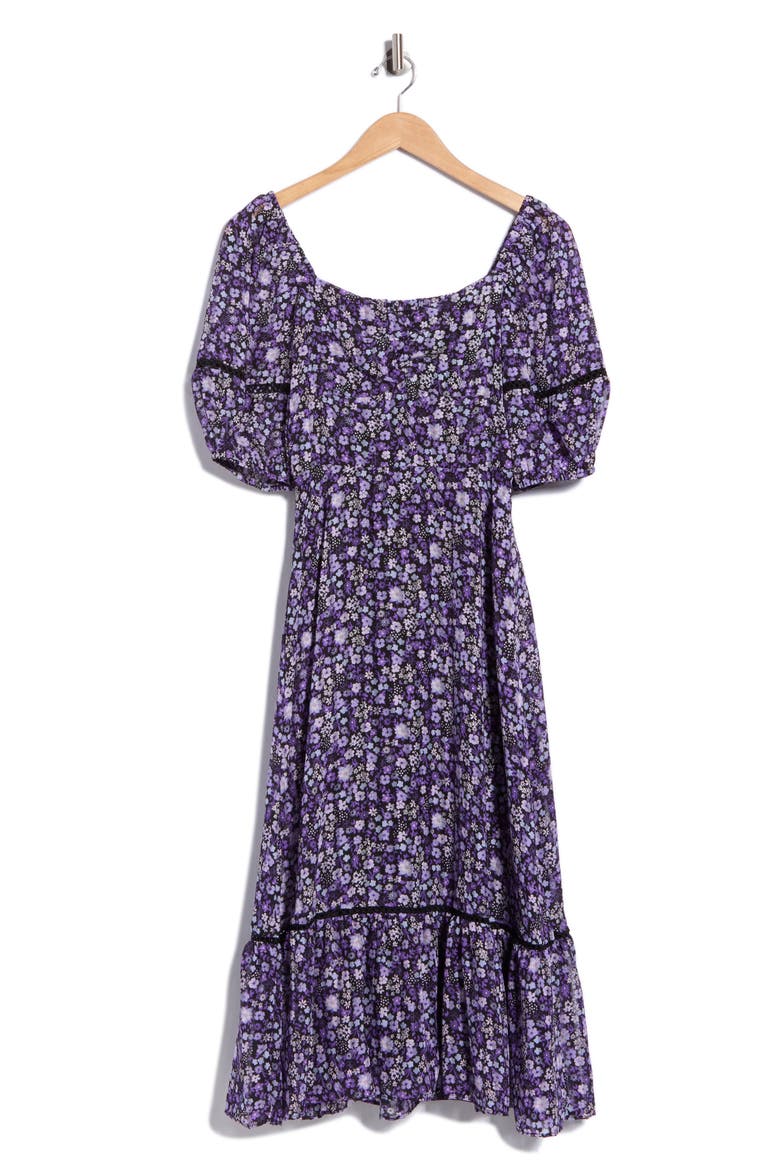 Chloe Floral Puff Sleeve Midi Dress, Main, color, BLACK/ LILAC