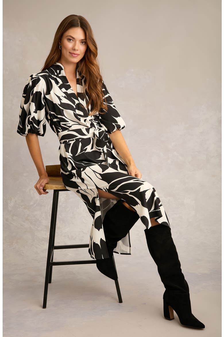 Tie Waist Split Neck Midi Dress, Alternate, color, WHITE/ BLACK