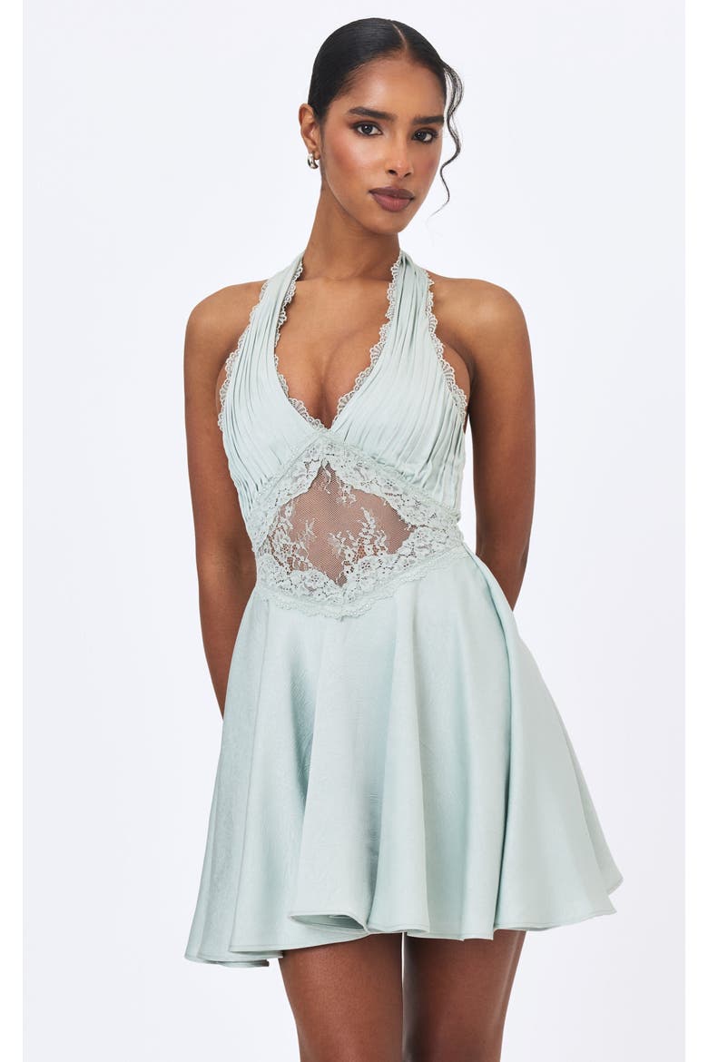 Rianna Crinkle Satin Halter Mini Dress, Main, color, Light Sage