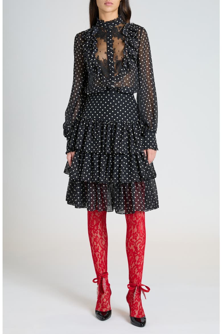 Polka Dot Tulle Bib Button-Up Shirt, Alternate, color, NERO/ BETULLA