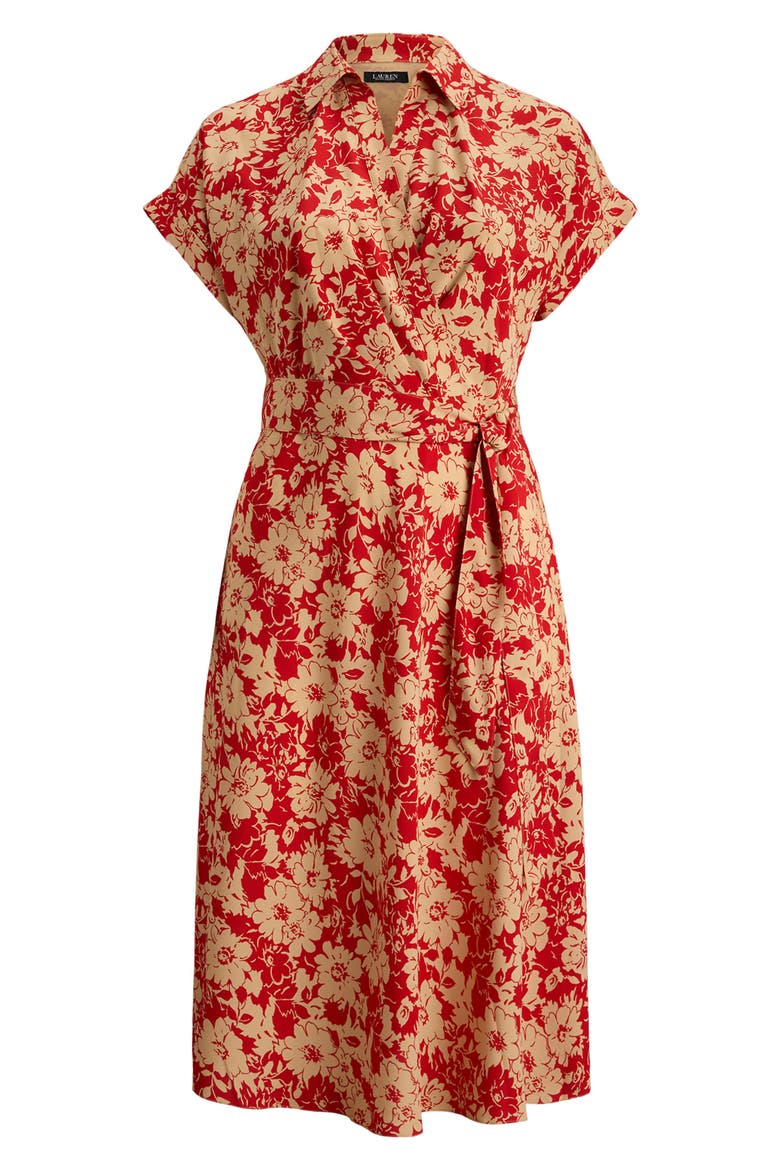 Floral Tie Waist Midi Dress, Alternate, color, RED/ BEIGE