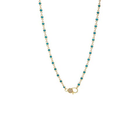 Turquoise Bezel Pave Lobster Clasp Chain Necklace