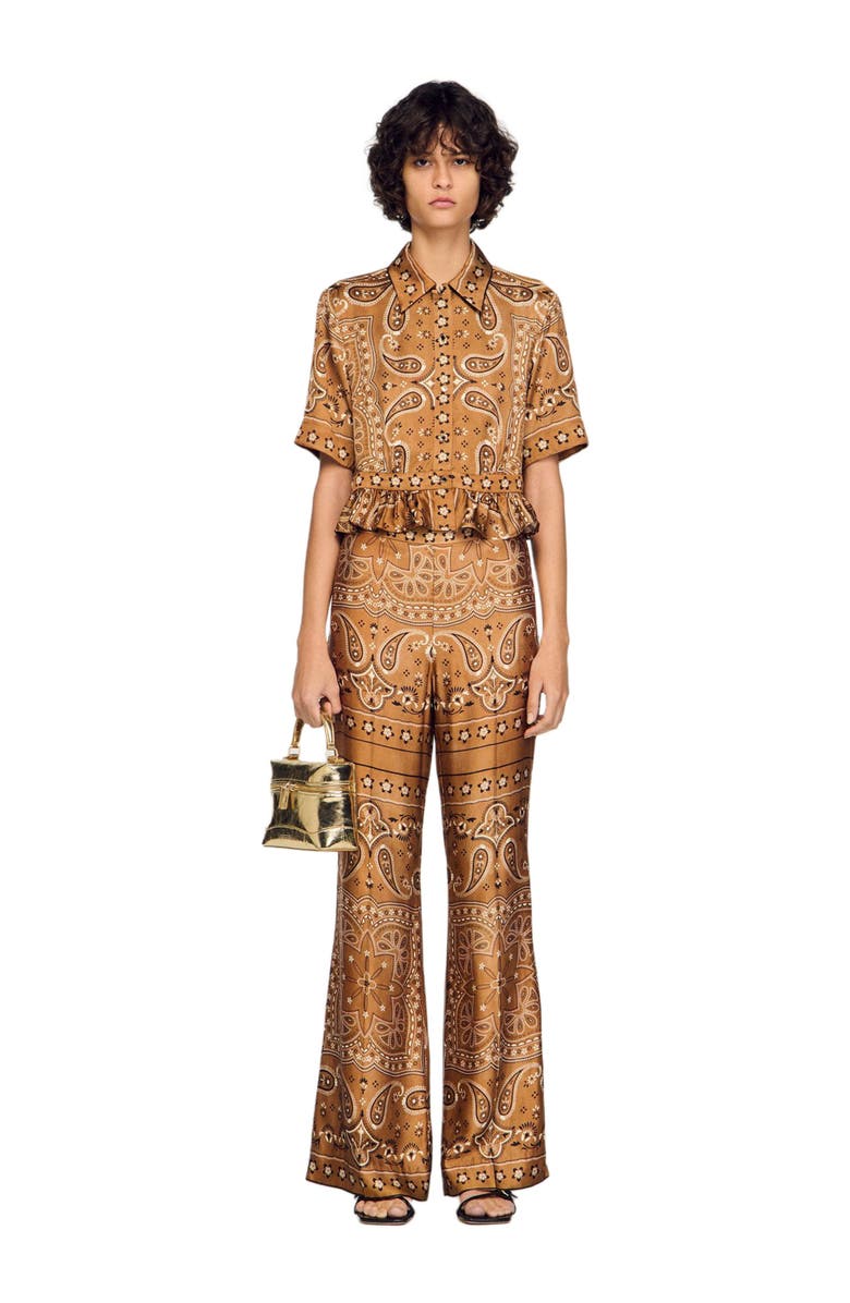 SANDRO Bandana print cropped shirt, Alternate, color, Brown / Black