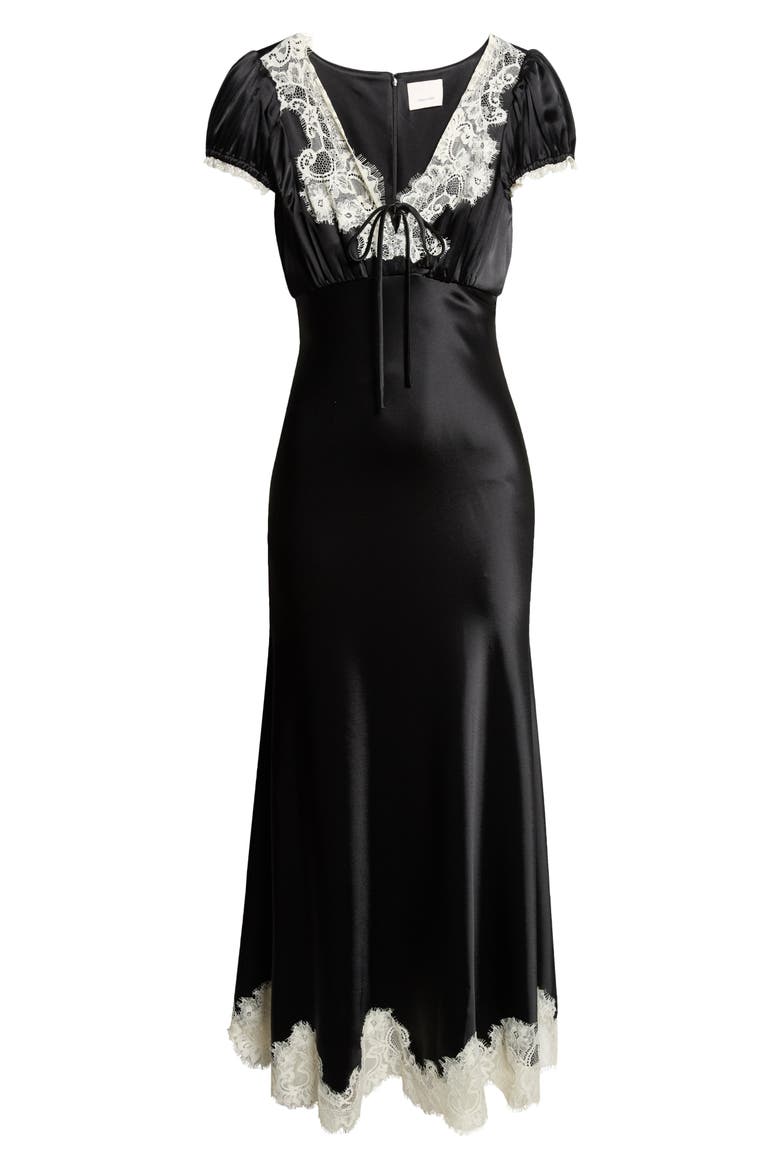 Sienne Lace Trim Satin Midi Dress, Alternate, color, BLACK/ GARDENIA
