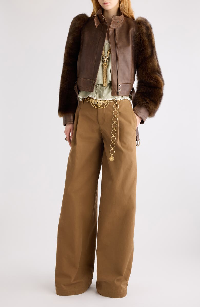 Chloé Leather & Genuine Shearling Moto Jacket, Alternate, color, Bourbon Brown