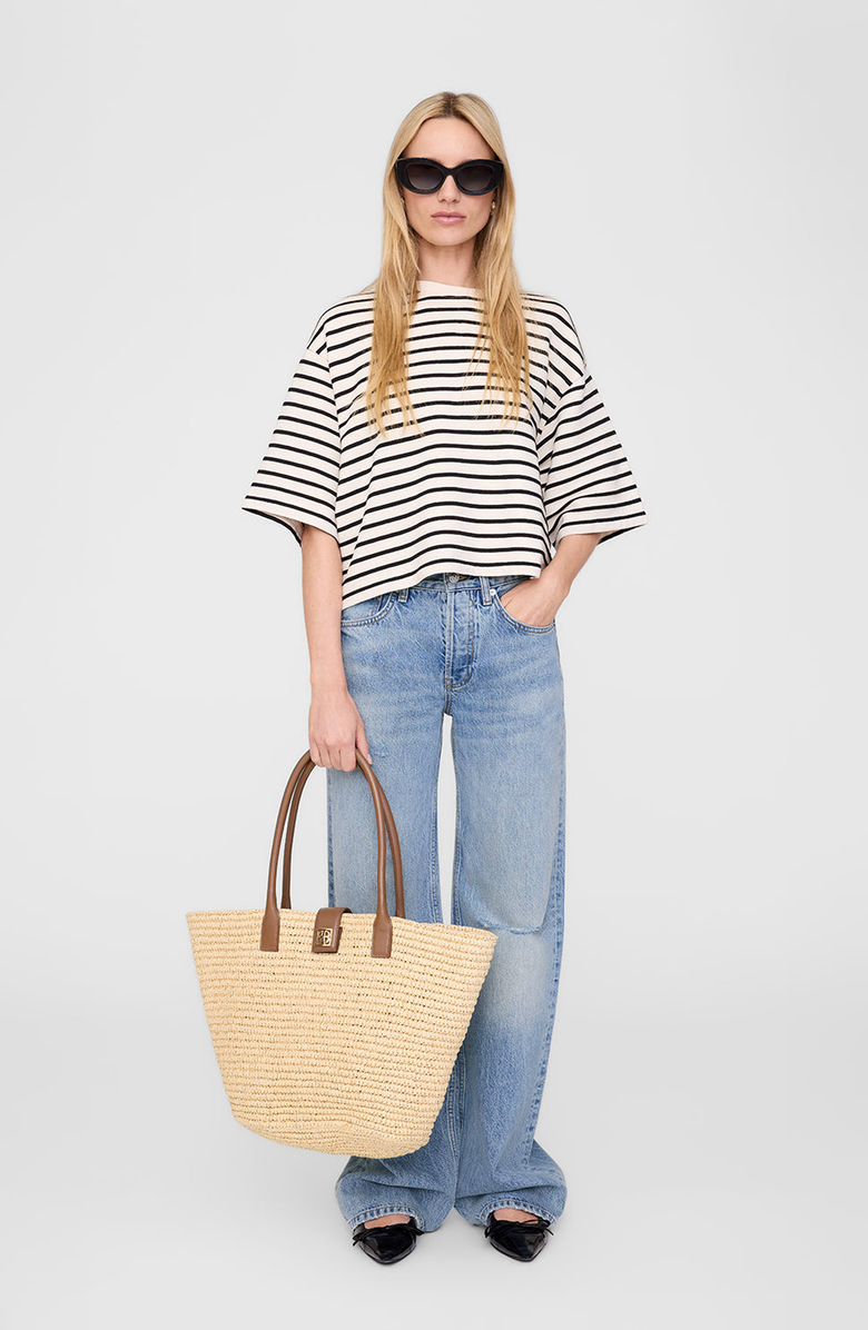 ANINE BING Myers Cropped Tee, Main, color, Black / Cream Stripe