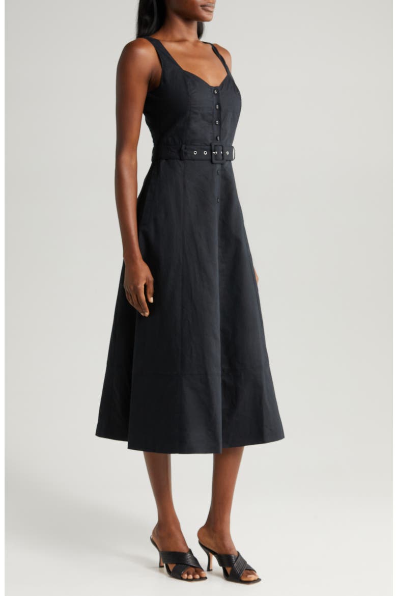 Arienne Belted Sleeveless Linen Blend Midi Dress, Alternate, color, BLACK