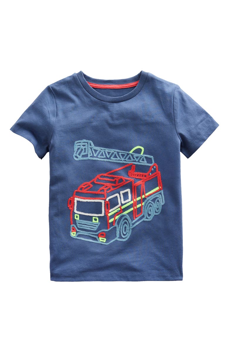 Mini Boden Kids' Embroidered Fire Truck Cotton Graphic T-Shirt, Main, color, 