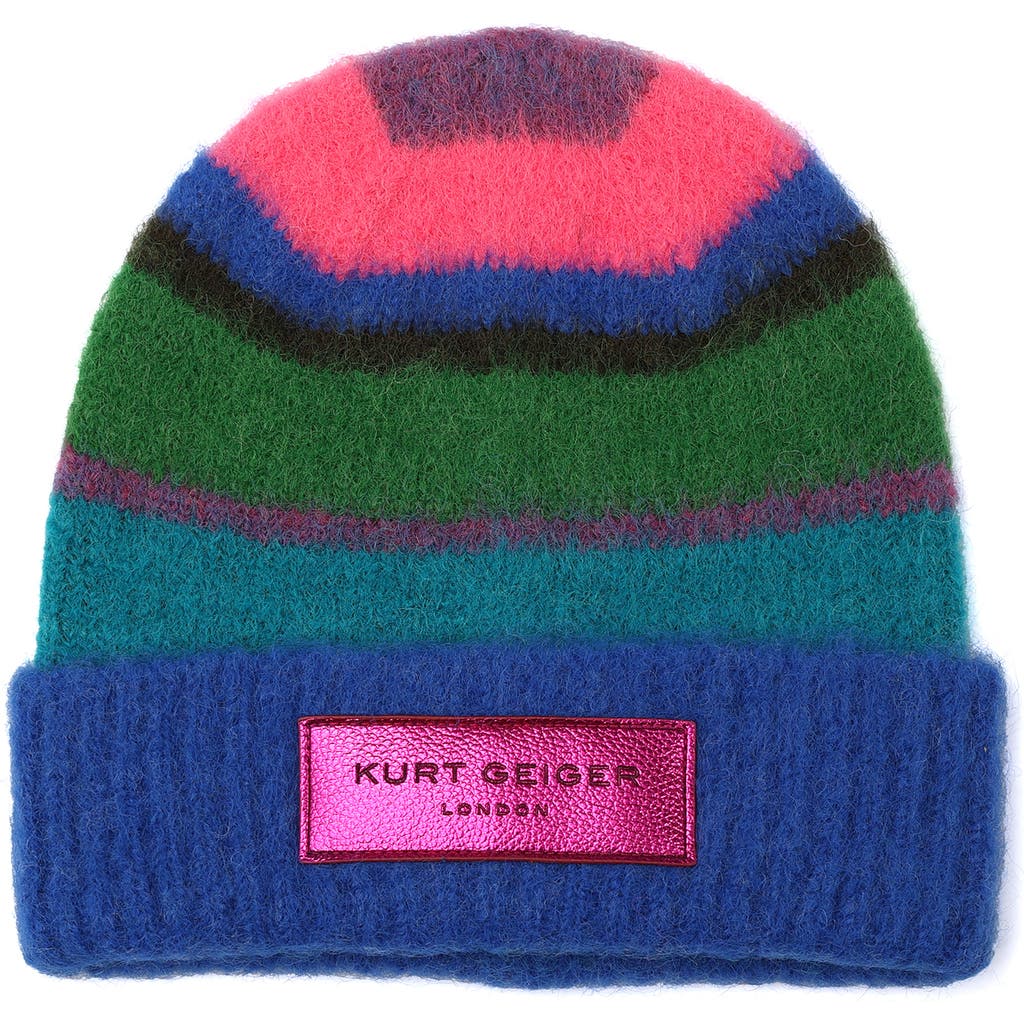 Kurt Geiger London Stripe Fuzzy Beanie In Blue