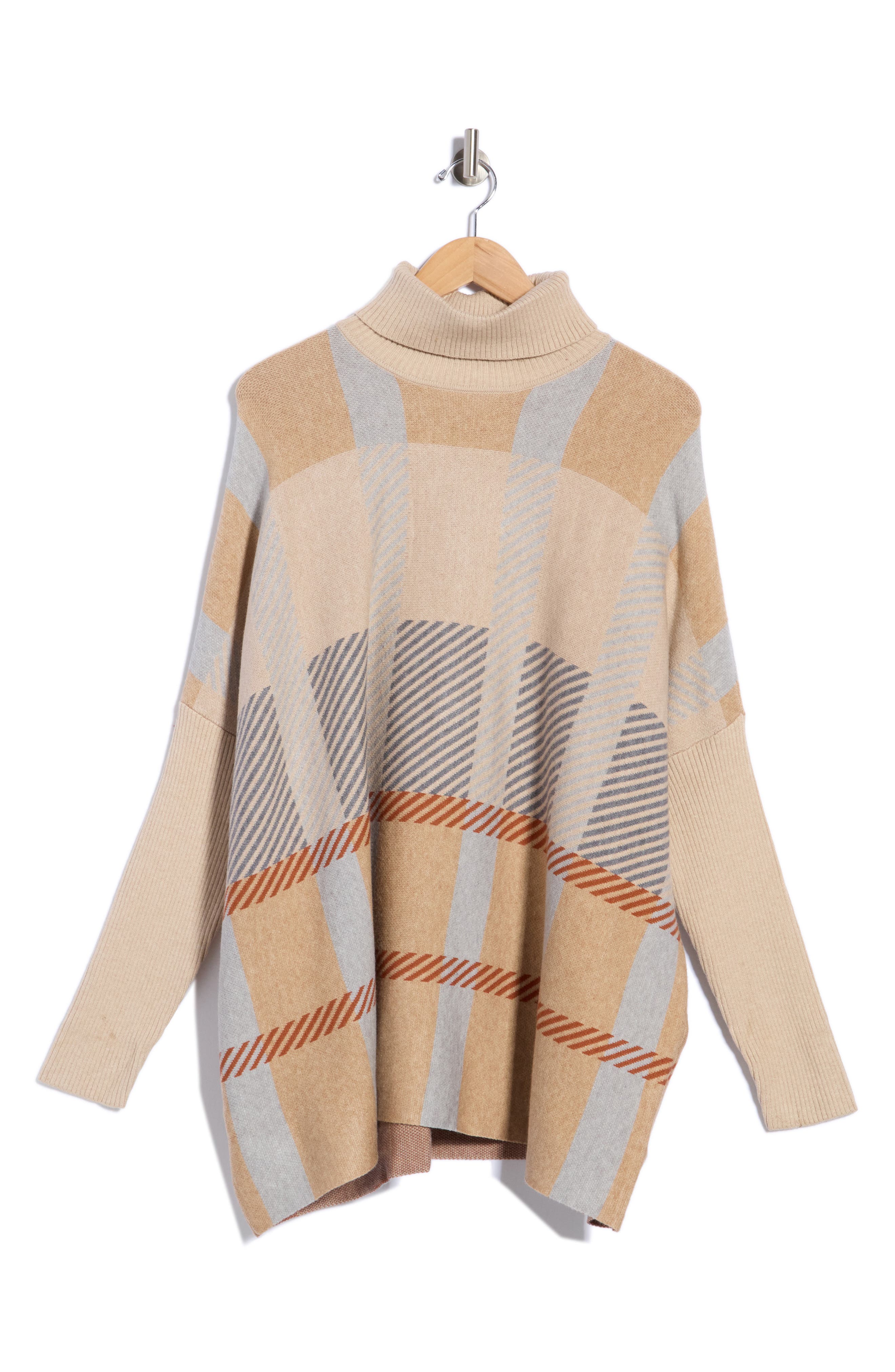 Plaid Turtleneck Poncho Sweater