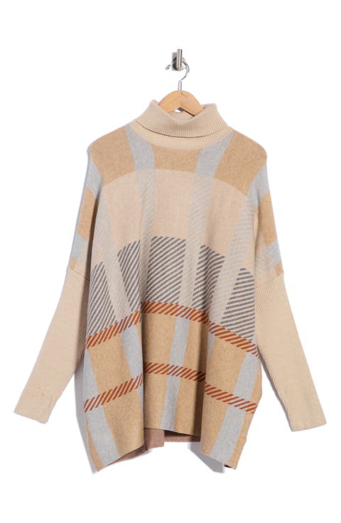 Plaid Turtleneck Poncho Sweater