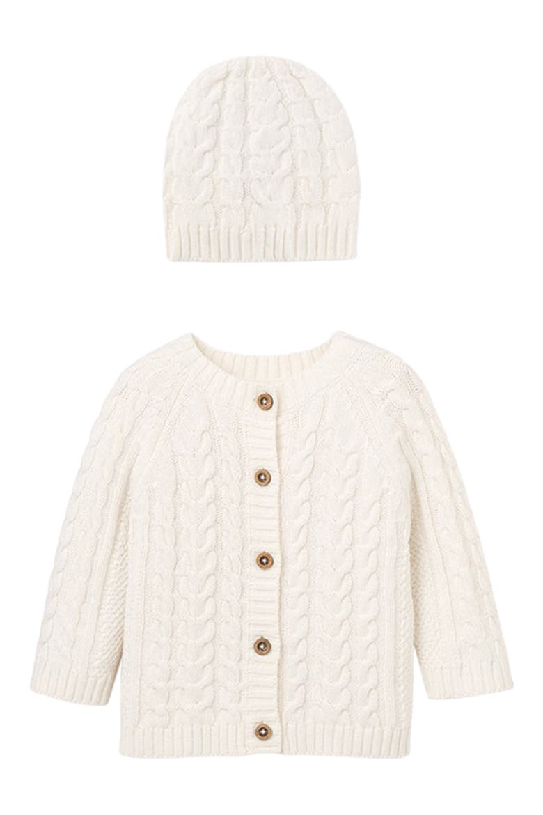 Horseshoe Cable Knit Cotton Cardigan & Hat Set, Main, color, WHITE