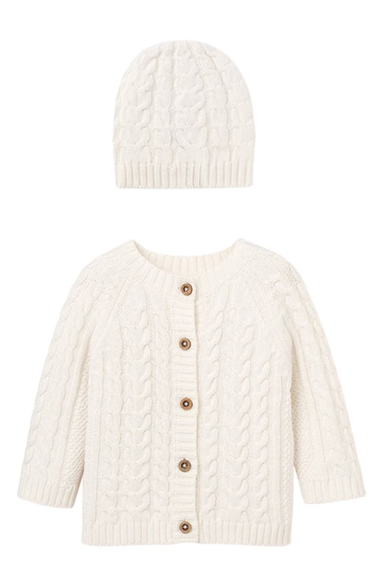 Elegant Baby Horseshoe Cable Knit Cotton Cardigan & Hat Set, Main, color, White