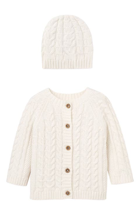 Horseshoe Cable Knit Cotton Cardigan & Hat Set (Baby)