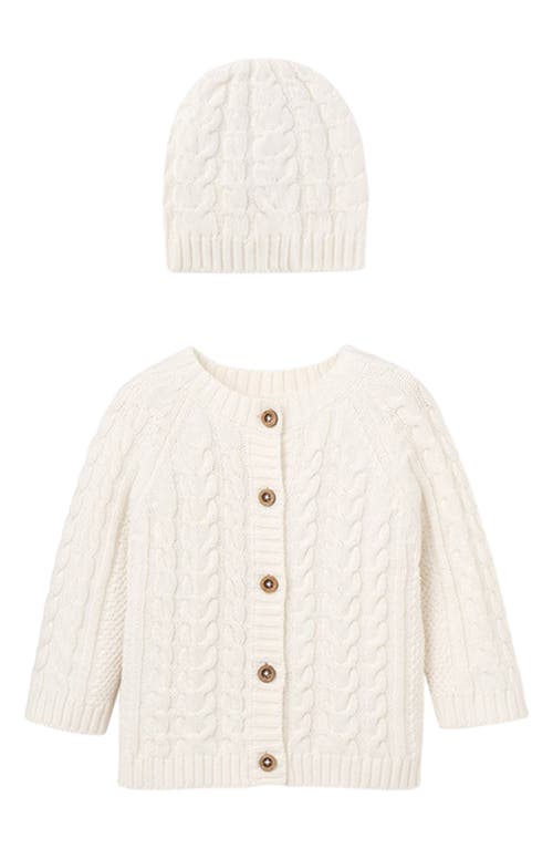 Elegant Baby Horseshoe Cable Knit Cotton Cardigan & Hat Set in White 