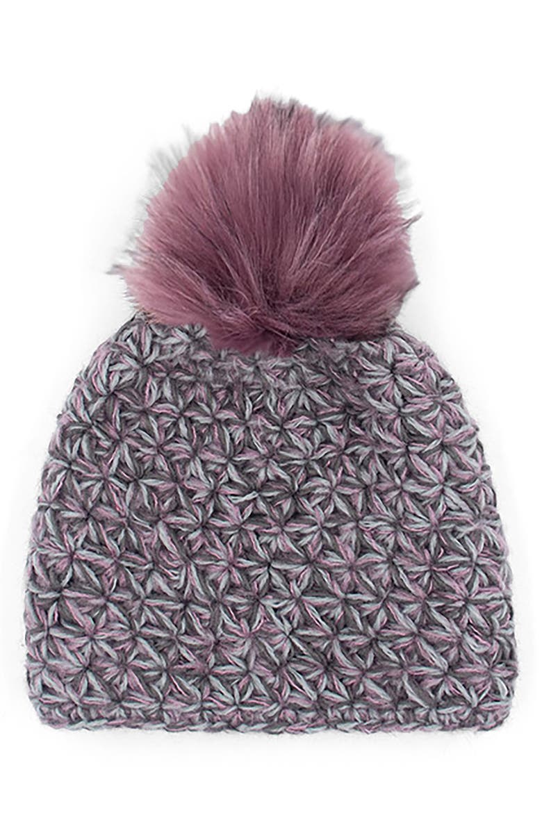 SURELL Faux Fur Pompom Star Knit Beanie, Main, color, Grey Purple Multi Pink Frost
